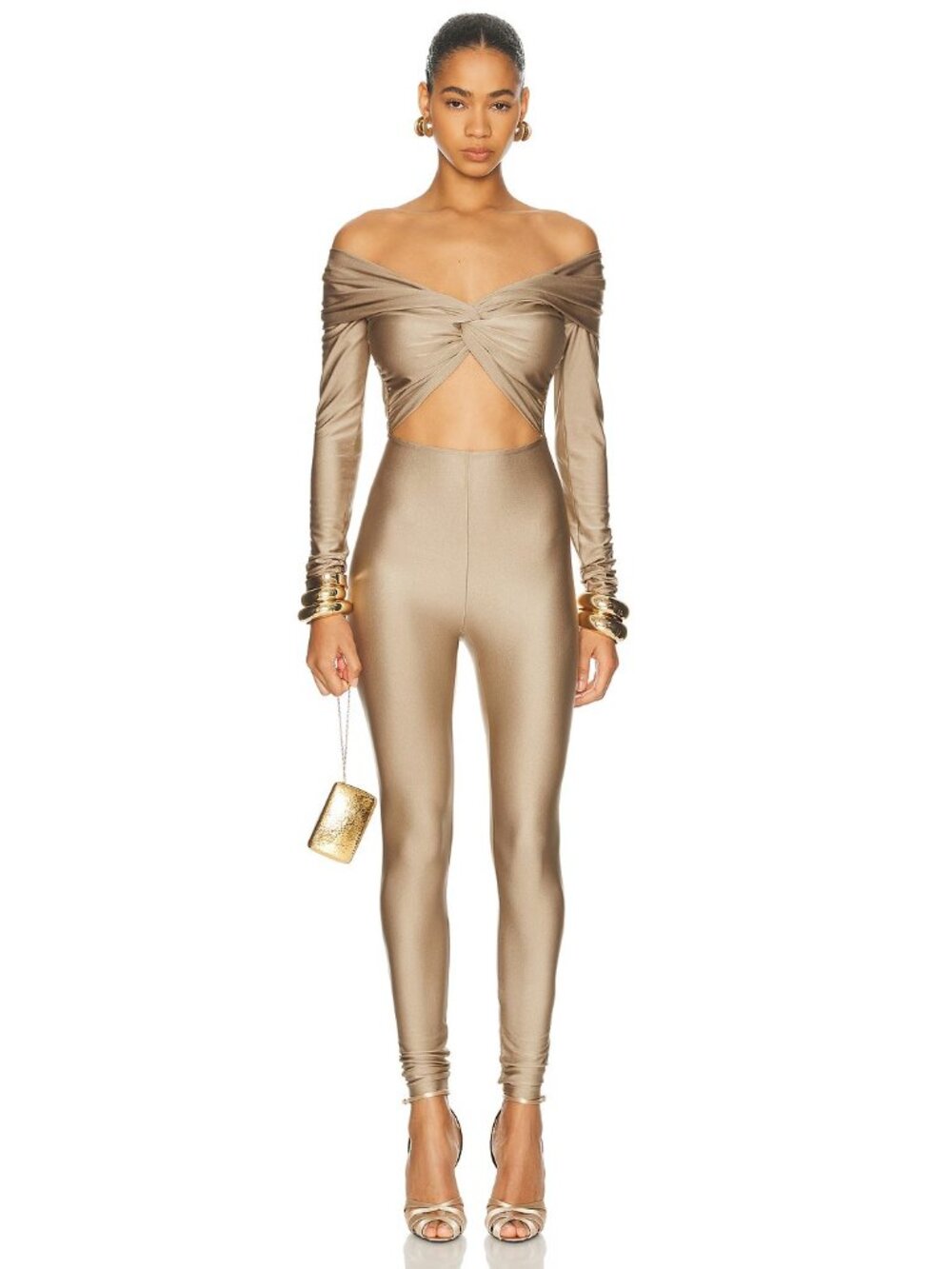 The Andamane Kendall Off Shoulder Jumpsuit in Light Greige